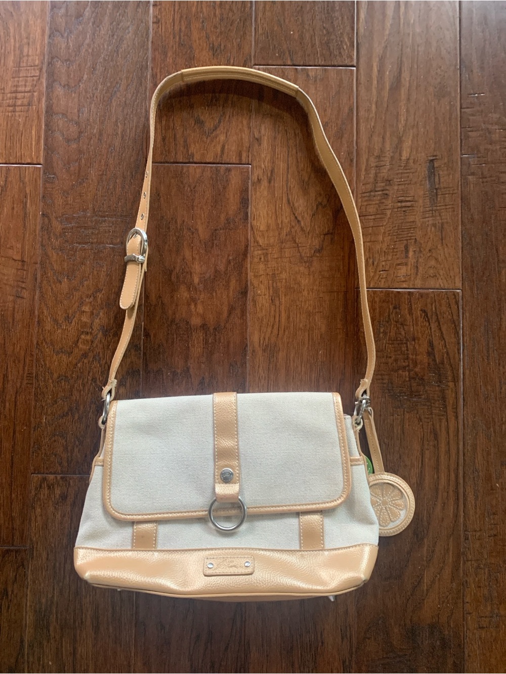 STONE MOUNTAIN GOLD LEATHER AND CANVAS SHOULDER BAG